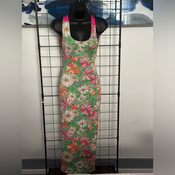 Green Floral Cut Out Pink Self Tie Back Closure Midi Dress - Picture 6 of 17